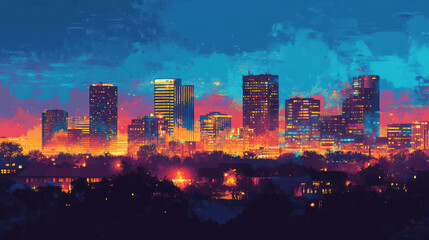 Obraz premium vibrant city skyline at dusk, illuminated by colorful lights, showcasing modern buildings against dramatic sky. scene evokes sense of energy and urban life