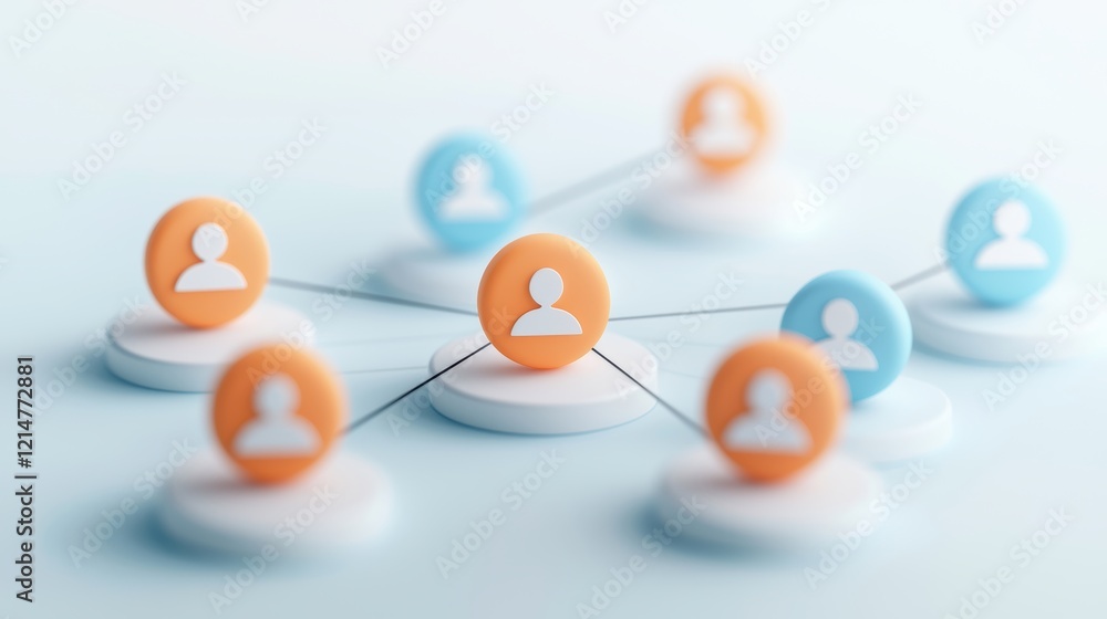 Poster a network of user icons in orange and blue, connected by lines, representing social connections and 