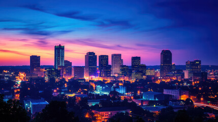 Fototapeta premium vibrant city skyline at dusk, illuminated by colorful lights, showcasing modern buildings and beautiful sunset. scene evokes sense of tranquility and urban charm