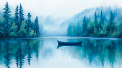 Obraz premium Serene Lake with Canoe and Misty Forest Reflection: A Peaceful Landscape Painting