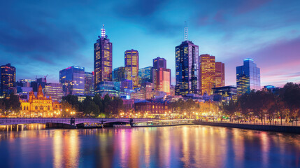 Obraz premium vibrant city skyline at dusk, illuminated by colorful lights reflecting on water. scene captures beauty and energy of urban life