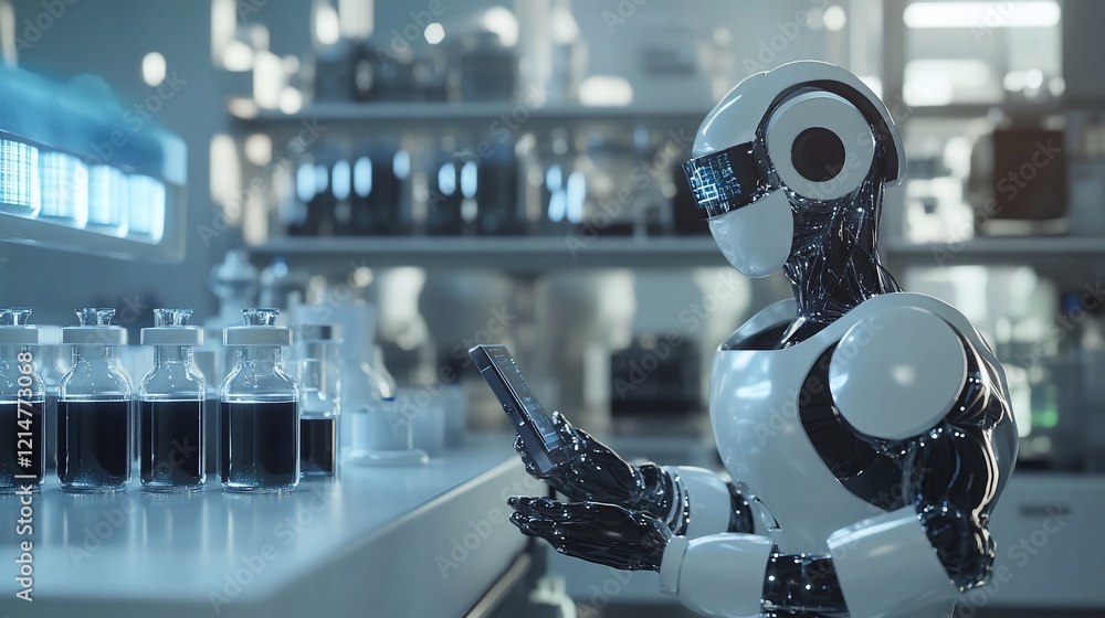 Poster a futuristic robot in a laboratory analyzing data on a handheld device with vials