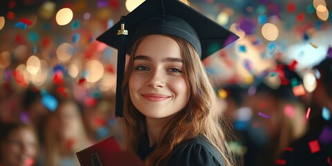 A joyful graduate celebrating with colorful confetti, symbolizing achievement and success. Perfect for education themes, celebratory ads, and motivational visuals.