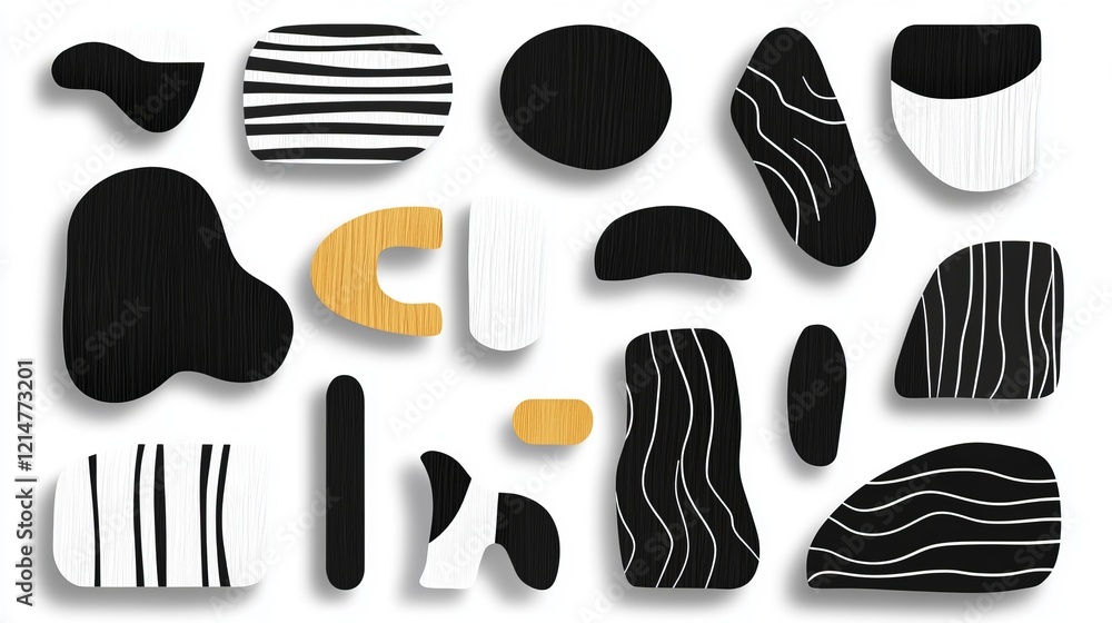 Poster abstract composition of black, white, and gold shapes displaying modern design elements in a minimal