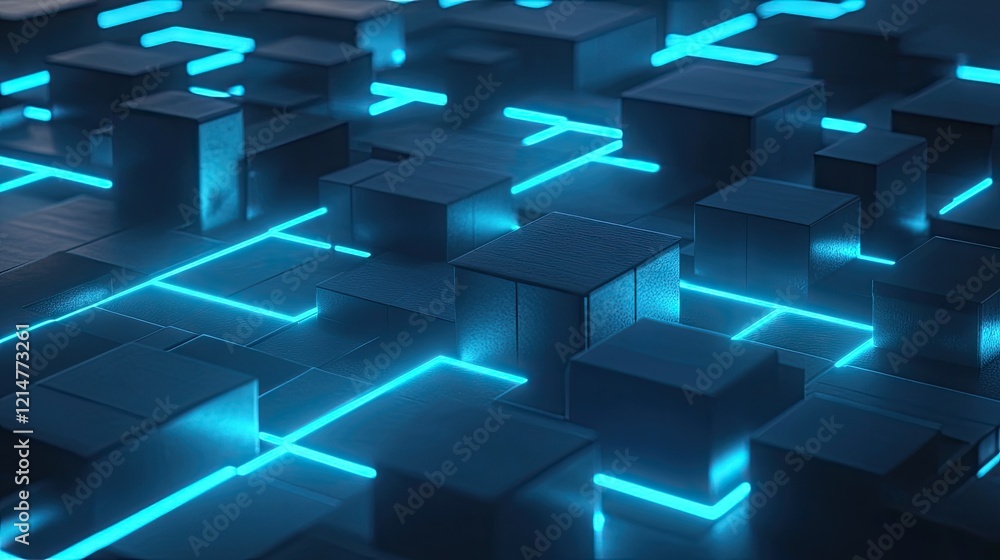 Wall mural an abstract d illustration of a blockchain network with cubes interconnected by glowing blue paths