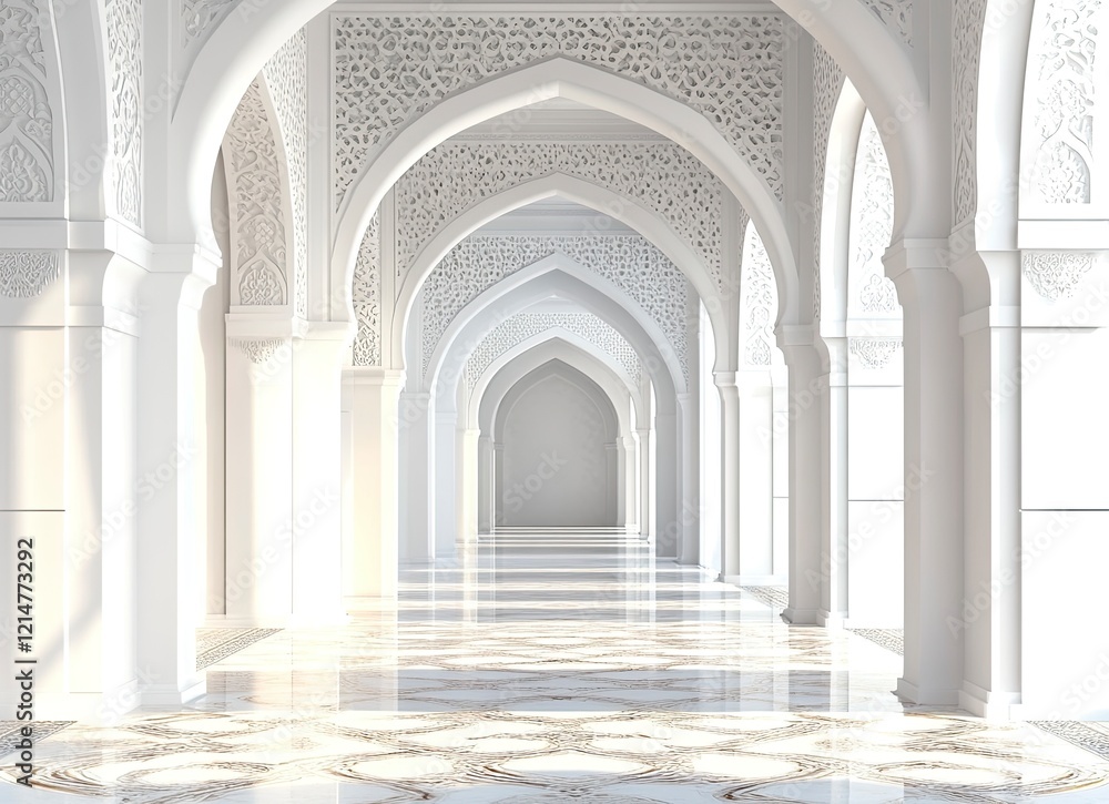 Poster 3d rendering of islamic arches and decorative patterns on a white background. a banner with a copy s