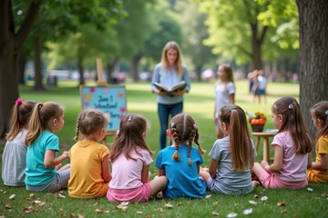 Children are gathered around a storyteller in a park, listening to an exciting tale. Nearby, a sign says 