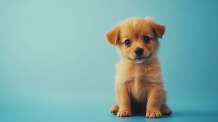 playful puppy sitting on blue background, showcasing its adorable features and fluffy fur. This charming pet exudes joy and curiosity, perfect for animal lovers