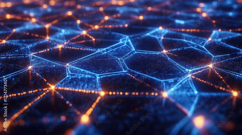 Wall mural an abstract d illustration of a blockchain network with cubes interconnected by glowing blue paths