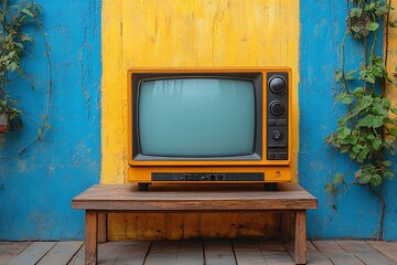 Vintage Old model TV Against a Vibrant Yellow and Teal Wall