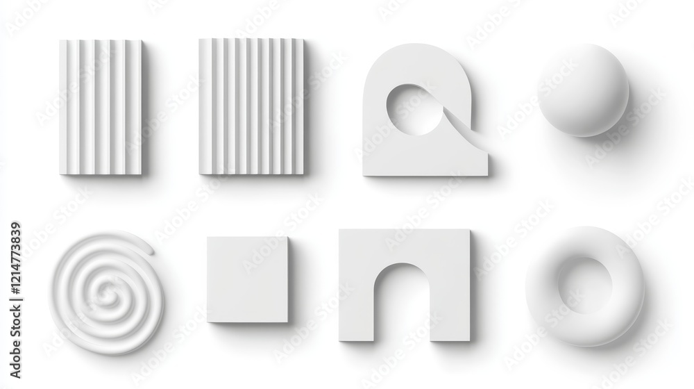 Poster shapes and textures in a minimalist display featuring various white forms on a clean surface