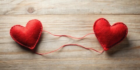 Fototapeta premium Two red hearts stuck together with a thin thread, balance, bonded, balance, bonded, connection