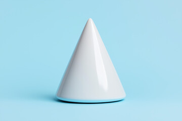 Fototapeta premium White cone on light blue background, minimalist geometric shape