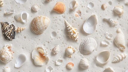 collection of seashells scattered on sandy surface, showcasing various shapes and textures. delicate arrangement evokes sense of tranquility and connection to nature