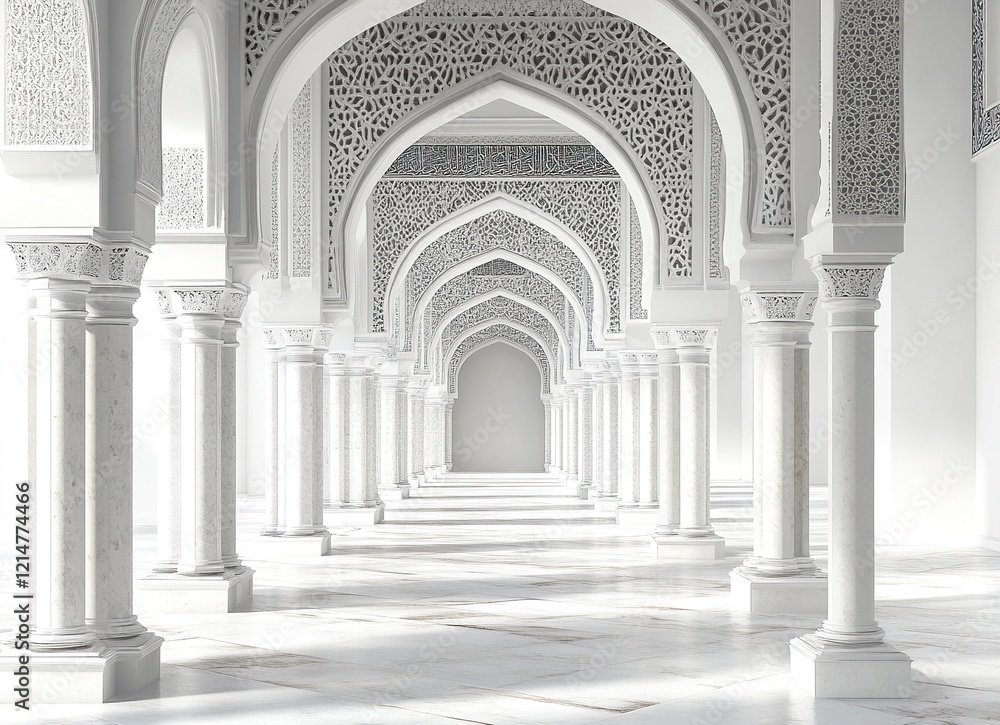Poster 3d rendering of islamic arches and decorative patterns on a white background. a banner with a copy s