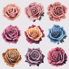 Vibrant 3x3 Grid of Artistic Roses in Unique Styles and Colors