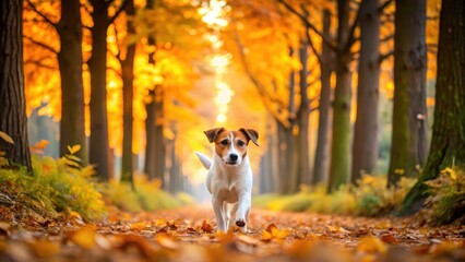 A playful Jack Russell puppy exploring a fallen leaf-lined autumn alley, surrounded by tall trees with vibrant orange and yellow foliage, on a crisp morning , puppy, fall