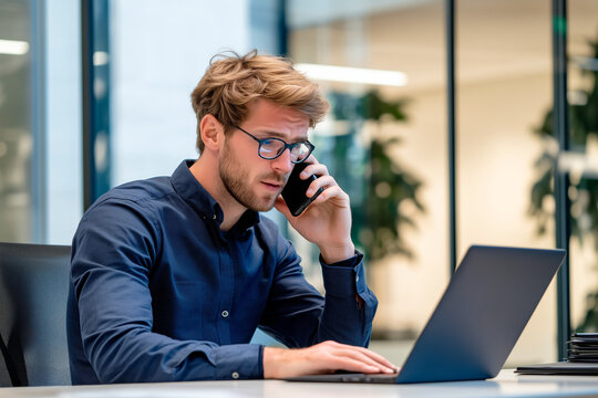 Focused businessman with glasses having a phone conversation while typing on a laptop in a modern office setting
