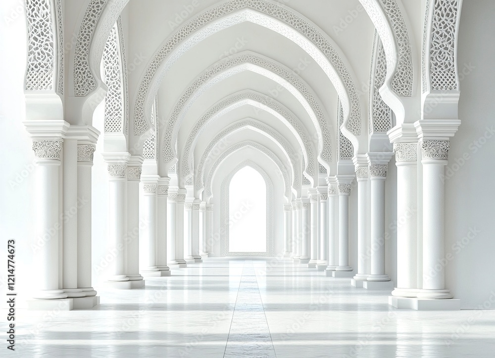 Poster 3d rendering of islamic arches and decorative patterns on a white background. a banner with a copy s