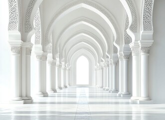 3D rendering of Islamic arches and decorative patterns on a white background. A banner with a copy space area, a mosque corridor, and an empty interior design concept for Muslim architecture. 