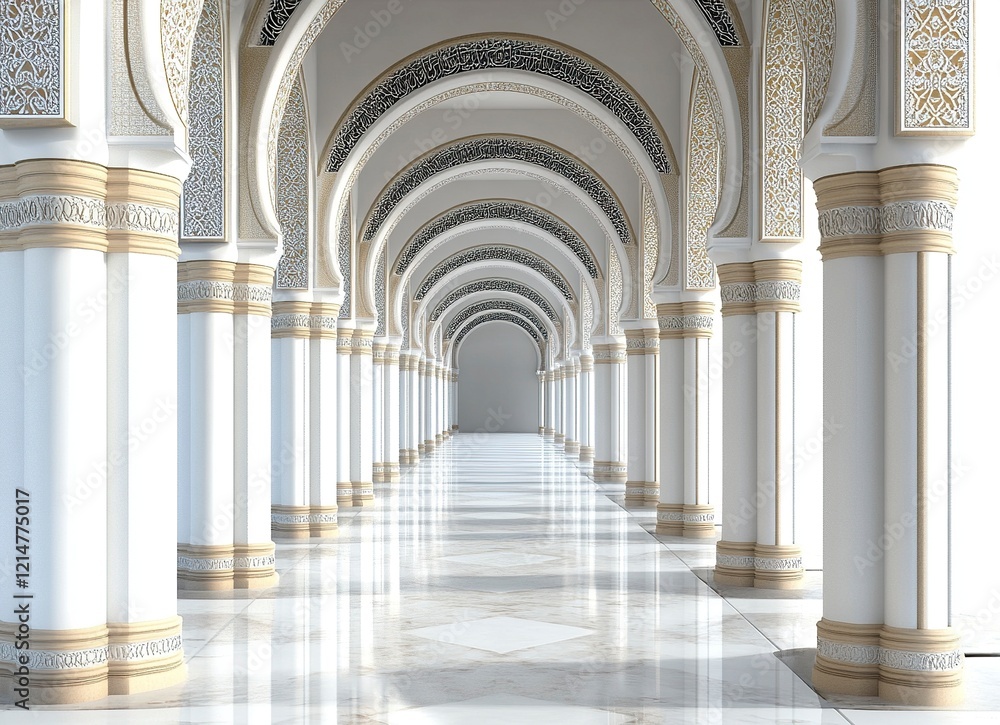 Poster 3d rendering of islamic arches and decorative patterns on a white background. a banner with a copy s