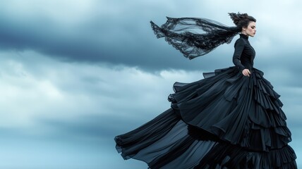 A Victorian widow in ornate layered black dress and a lace veil standing against winds subtly lifting the fabric of her attire. creating dramatic scene.