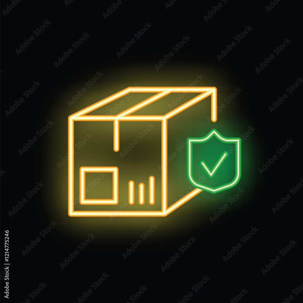 Poster neon sign is showing a cardboard box with a shield and a check mark, representing a secured package