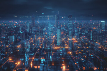 Fototapeta premium A futuristic city with robots stock market charts, and an AI-driven financial industry.