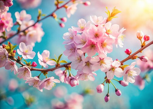 Blooming Cherry Branches Macro Soft Focus Spring Sunlight Blue Sky Background