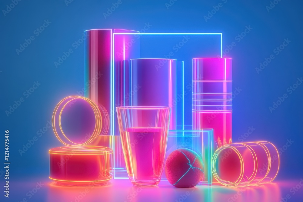 Poster neon geometric shapes and vibrant objects create a striking visual composition at night