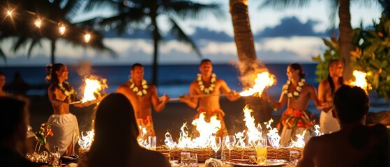Traditional Hawaiian Luau with Fire Dancers on the Beach at Sunset