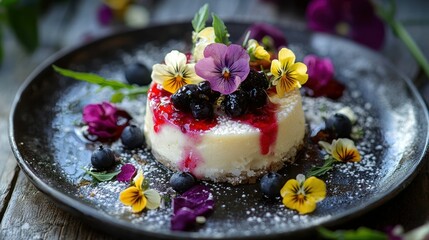 Freshly Crafted Cheesecake Topped with Berries and Edible Flowers