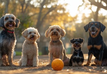 Group of Adorable Dogs Enjoying a Sunny Day Outdoors with a Vibrant Orange Ball in a Park Setting, Perfect for Pet Lovers and Animal Enthusiasts