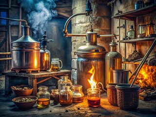 Vintage Photo: Homemade Moonshine Still in a Russian Garage, 21st Century