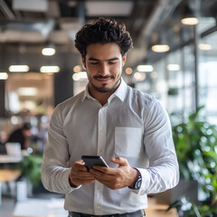 P A young Hispanic businessman in an open off