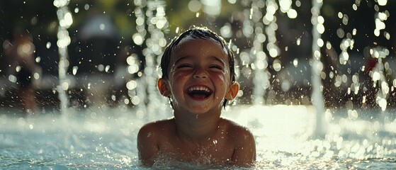 Fototapeta premium Joyful Child Laughing in Splashes of Water at Outdoor Fountain Play Area