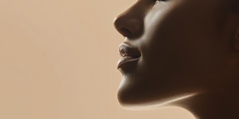 Profile silhouette of female face with focus on lips and nose in warm light