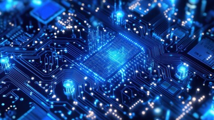 Obraz premium Close-up of glowing central processing unit on circuit board.