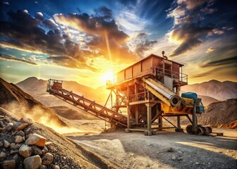 Fototapeta premium Vintage Photo: Portable Cone Rock Crusher in Action - Industrial Mining Equipment