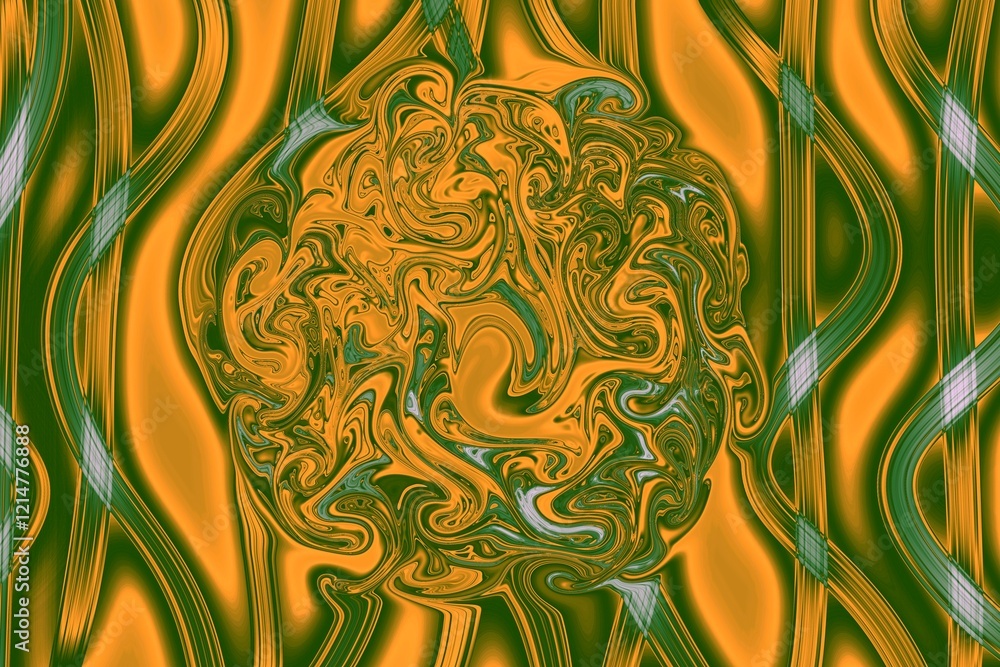 Poster abstract circular design with swirling patterns in green and orange tones