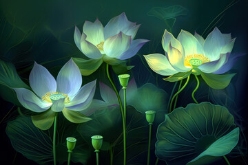 Three white flowers are in a green background