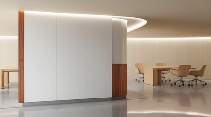 Empty white wall mockup in modern office space with minimalist design and wood accents, featuring desks and chairs in the background. 3D Rendering.