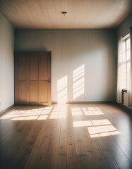 Sunbeams in an Empty Room: Sunlight streams through a large window, casting long, diagonal shadows across the wooden floor of an empty room, creating a sense of tranquility and possibility.