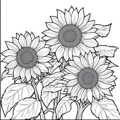 Three Sunflowers, Line Art, White Background, Coloring Book Page