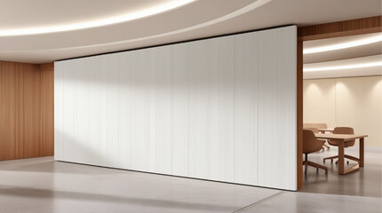 Empty white wall mockup in modern office space with minimalist design and wood accents, featuring desks and chairs in the background. 3D Rendering.