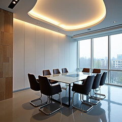 Empty white wall mockup in modern office space with minimalist design and wood accents, featuring desks and chairs in the background. 3D Rendering.