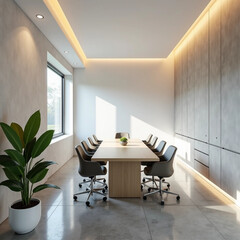 Empty white wall mockup in modern office space with minimalist design and wood accents, featuring desks and chairs in the background. 3D Rendering.