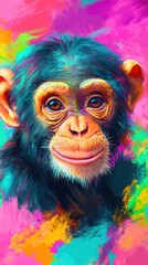 Vibrant colorful portrait of a smiling chimpanzee.