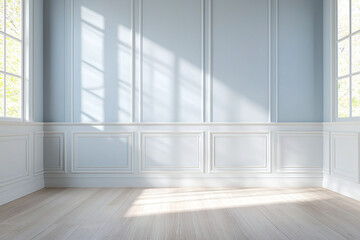 Fototapeta premium bright room with light blue walls, large windows, and wooden flooring, creating serene and airy atmosphere. sunlight casts beautiful shadows, enhancing peaceful ambiance