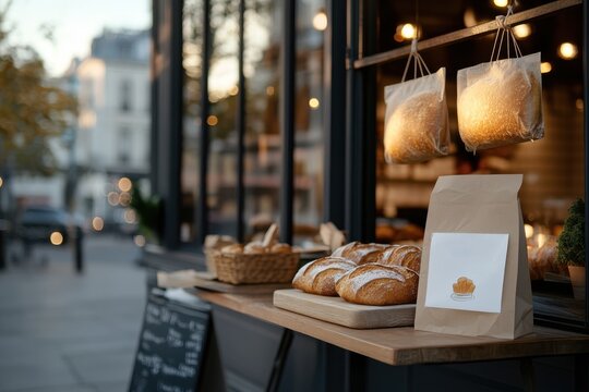 Artisan breads displayed outside a quaint bakery are beautifully showcased in this vibrant image, inviting passersby to indulge in the delicious offerings within.
